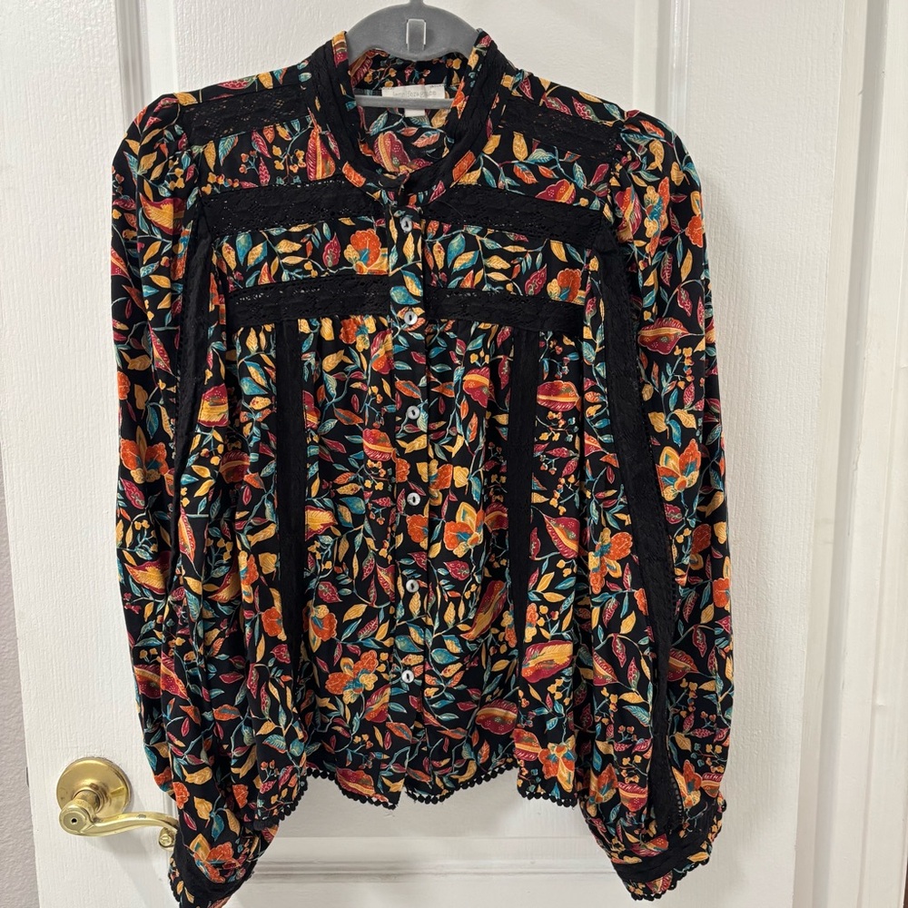 Jennifer & Grace Colorful Floral Button-Up Blouse High Neck Puff Shoulder size L